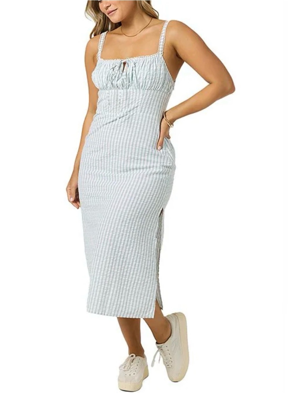 O'Neill Light Blue & White Striped Midi Dress with Tie Front